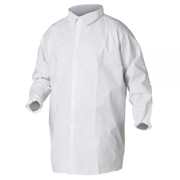 Kimberly-Clark Professional KleenGuard A40 Liquid & Particle Protection Lab Coats, Chest & Hip Pocket Kleenguard A40 Liquid and Particle Protection Lab Coats are made of microporous film laminate with serged seams, elastic wrists and a 5-snap closure (no pockets) These lab coats offer better liquid and particulate barrier than TYVEK Made to keep out debris, dry particulates and liquid splashes A40 Kleenguard protective aprons pass NFPA 99 criteria for antistatic materials Only available in an XL size