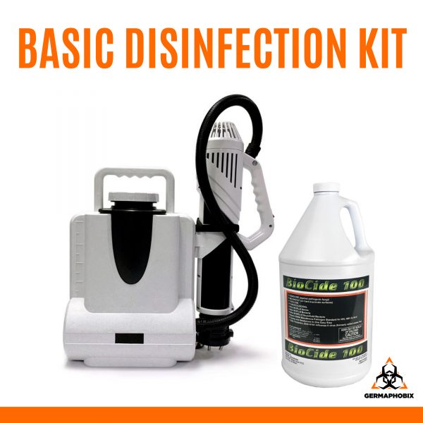 Basic Disinfection Kit This package includes our featured Antivirus Electrostatic Backpack Sprayer which can cover up to 21,500 square feet per tank along with two cases of Biocide 100 disinfectant.