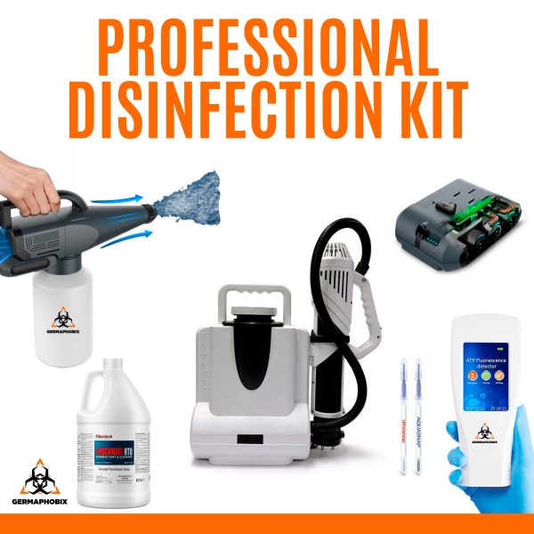 Professional Disinfection Kit This package is ideal for professionals that need to sanitize surfaces in both small and larger spaces. It also includes the Germ Detective ATP Bacteria Meter which analyzes surfaces for possible bacteria before and after sanitizing.