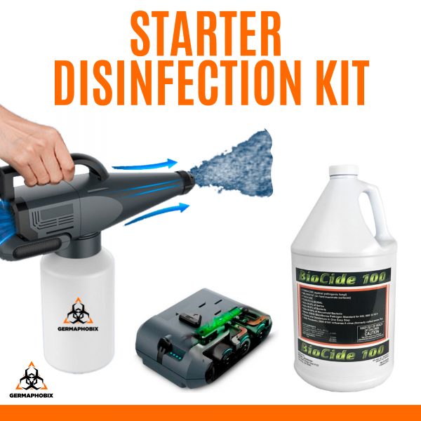 Starter Disinfection Kit The Starter Disinfection Kit is great for smaller spaces such as retail stores, offices, homes and hotel rooms. This kit includes a handheld Mr. Spray electrostatic sprayer, an extra battery for prolonged use and a case of Biocide 100 disinfectant.
