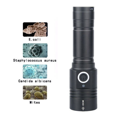 280+395nm UVC Germicidal Torch Sterilize surfaces with this powerful UVC germicidal torch that doubles as a black light to identify bodily fluids in the dark. This torch can kill up to 99.94% of eukaryotic bacteria. Comes with a micro USB charger and a rechargeable battery.