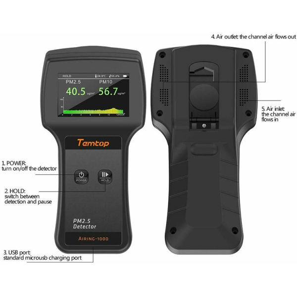 Temtop Airing-1000 Air Quality Monitor PM2.5 Detector Now anyone can easily test the air quality in almost any environment using this state-of-the-art air quality monitoring device which includes: Built-in high-capacity battery. LCD display screen shows the testing results. Suitable to use at home, office, in the car, outdoors and other environments. An ideal multi-function testing tool to monitor the air quality and safeguard health. Compact and lightweight design makes it comfortable to carry. Detection time is quick and accurate. Easy to operate with simple system settings through 2 function buttons. Built-in large capacity lithium battery with long stand by time which can be charged by USB cable! Note: Due to demand we may send a similar or upgraded model at no extra cost.