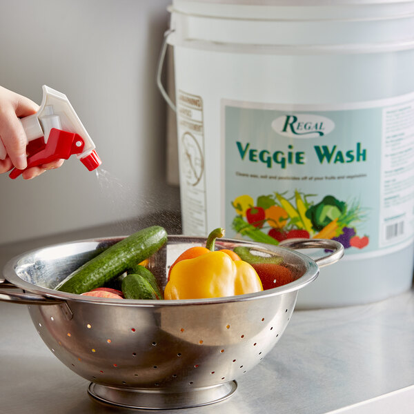 Regal Veggie Wash Fruit and Vegetable Rinse - 5 Gallon Pail Safely and effectively clean your fresh vegetables and other produce with Regal Veggie Wash. Agricultural pesticides and waxes are developed to be water-resistant so that they aren't washed away during periods of rain and irrigation. Therefore, simply rinsing your produce with water won't always do the trick. Vegetable wash will help to ensure that all surface preservatives, agricultural chemicals, waxes, soil, and other contaminants are eliminated. From cucumbers and tomatoes to apples and strawberries, Regal Veggie Wash is the ideal solution for all of your produce cleaning needs. Made in America Orthodox Union Kosher: This item is certified Kosher by the Orthodox Union. Comes in a 5 gallon pail container.