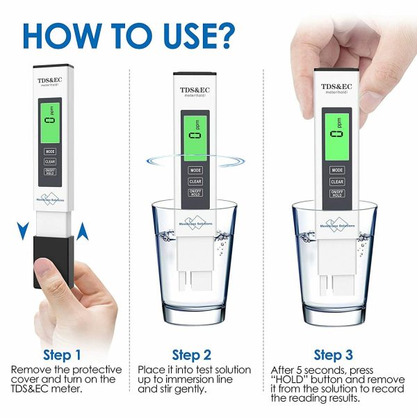 Digital TDS PPM Meter 4-in-1 Water Quality Tester TDS (Total Dissolved Solids) is a measurement of all solids dissolved in drinking water and is mainly made up of minerals. A high level of TDS is an indicator of potential concerns and should be investigated before drinking. This TDS meter is widely used in all water quality tests. Water Purification Applications, Aquaculture, Hydroponics, Pool & Colloidal Silver, Water Treatment and more. It is a must-have item for the family and is able to test tap water, distilled water, bottled water and more. This 4-in-1 TDS meter combines TDS, EC, and a temperature meter for improved accuracy.