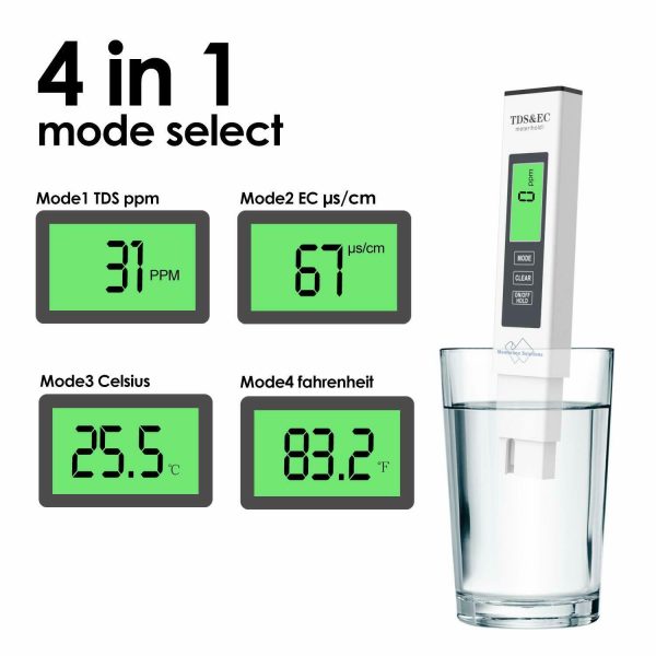 Digital TDS PPM Meter 4-in-1 Water Quality Tester TDS (Total Dissolved Solids) is a measurement of all solids dissolved in drinking water and is mainly made up of minerals. A high level of TDS is an indicator of potential concerns and should be investigated before drinking. This TDS meter is widely used in all water quality tests. Water Purification Applications, Aquaculture, Hydroponics, Pool & Colloidal Silver, Water Treatment and more. It is a must-have item for the family and is able to test tap water, distilled water, bottled water and more. This 4-in-1 TDS meter combines TDS, EC, and a temperature meter for improved accuracy.