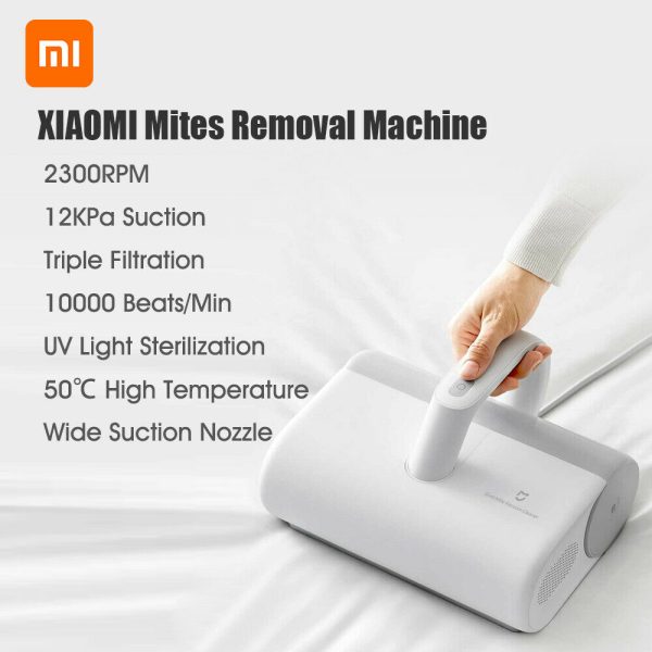 XIAOMI MIJIA Dust Mite Vacuum Cleaner Remover The Xiaomi Mijia Mite Vacuum Cleaner with lightweight portable design uses an 850,000 rpm high-speed motor and has a powerful 12kPa suction. The device also adopts a multi-vertex cyclone separation technology such that it can effectively achieve a four-layer filtration system, which can absorb 99.97% of particles combined with 12800 beats/minute high-frequency tapping, hot air drying, and UV light can effectively destroy the growth environment of locusts.