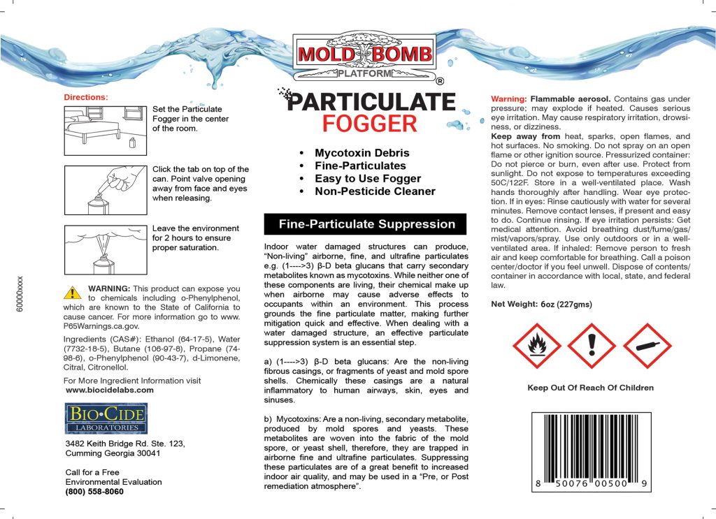 Mold Bomb Fogger 6oz (6 pack) Easy to use Mold Bomb Particulate Fogger, prevents mold toxins from becoming a growing problem. Mold Bomb suppresses mold spore fine particulates in just one treatment. Our revolutionary one-of-a-kind delivery system will access places traditionally out-of-reach with other cleaning products. Mold Bomb FPF is great for particulate suppression with contents, rooms, attics, basements, and crawlspaces. Do not risk the spread of a mold toxin problem with a less effective product. Go with a proven cleaning system that works, “Mold Bomb Fine Particulate Fogger”! Effective range per 6oz can: 100sqft space Quantity: Case of 6 x 6oz Mold Bomb Particulate Foggers