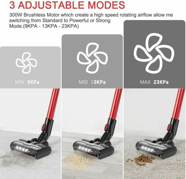 MOOSOO K23 4-in-1 Cordless Vacuum 23kpa 5-Stage Filtration System 300W : Outstanding 10-35mins CORDLESS running time ensures thorough cleaning all around the house. The upgrade version provides 300-watt powerful suction to meet every cleaning demands, picks up debris and dusts, crumbs and pet hairs in minute. It performs well on all kinds of hard floors, carpet, stairs and windowsills, sofa and bed, desk and curtain, etc : It creates a high speed rotating airflow to remove particulates from air. Plus high-density HEPA which removes up to 99.99% of microscopic dust particles as small as 0.1 microns, this vacuum cleaner provides ultimate purified air and excellent cleaning experience for every users. HEPA is washable and recyclable  : Wireless design makes you away from the hassle of cord and still provide up to 23000PA powerful suction to complete a thorough cleaning. 3 adjustable modes adapt to different situations and allow full use of the battery : The main machine weights only 5.29 lb which can be equipped with different attachments for different tasks. With an ergonomic handle, people can hold the machine to finish cleaning . 2000mAh large capacity battery can be full charged in 4.5 hours  : MOOSOO Main Motor*1; Floor brush*1; 2 in 1 dusting brush*1; Connection tube*1; Adapter*1; 7*2000mAh battery*1; Holder*1; Crevice tool*1; User manual*1