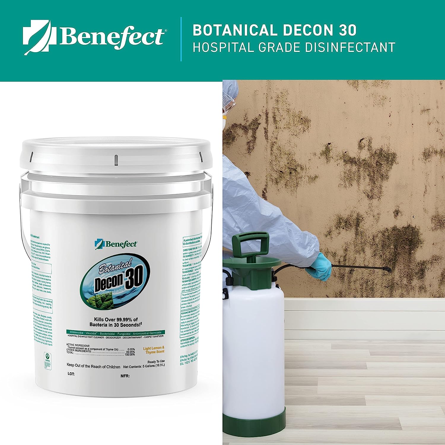 Benefect Botanical Decon 30 Disinfectant Cleaner PURELY PLANT-BASED: Benefect's complete range is infused with botanical ingredients, eschewing harsh or synthetic chemicals. The EPA acknowledges these products for posing no known risks to human health or the environment. ELIMINATES 99.99% OF MICROBES in a mere 30 seconds, making it the ideal solution for high-traffic areas like countertops, children’s toys, cutting boards, and more. This leaves a gentle whisper of lemon and thyme aroma behind. TRUSTED & RELIABLE: Benefect Decon 30 ensures safe use on food-contact surfaces without the need for subsequent rinsing or wiping. It stands as the top pick for managing water damage in the kitchen or tackling a school virus outbreak. USER-FRIENDLY: Comes as a ready-to-use solution, with no need for mixing or diluting. Proudly certified as 100% biobased by the USDA BioPreferred Program and carries the UL EcoLogo Certification. WHERE SAFETY & EFFICACY ARE PARAMOUNT, Benefect is the trusted choice for restoration and remediation professionals.