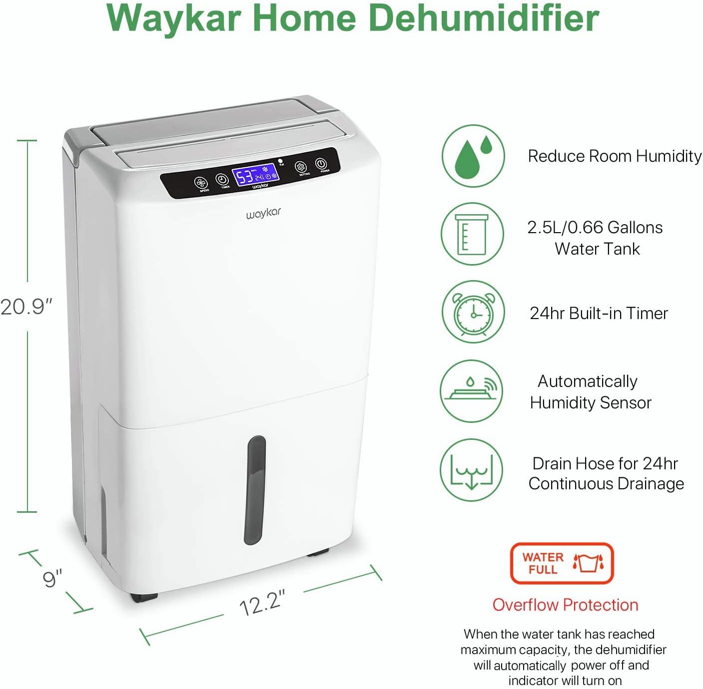 Waykar 2000 Sq. Ft Dehumidifier for Home and Basements, with Auto or Manual Drainage, 0.66 Gallon Water Tank Capacity