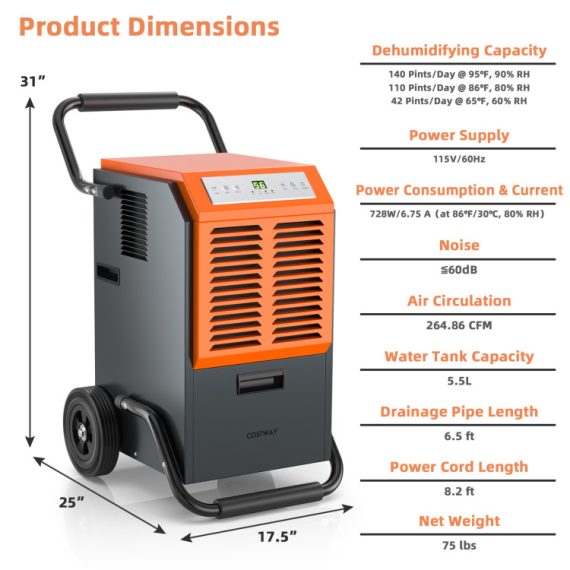 140 pint dehumidifier commercial industrial costway
