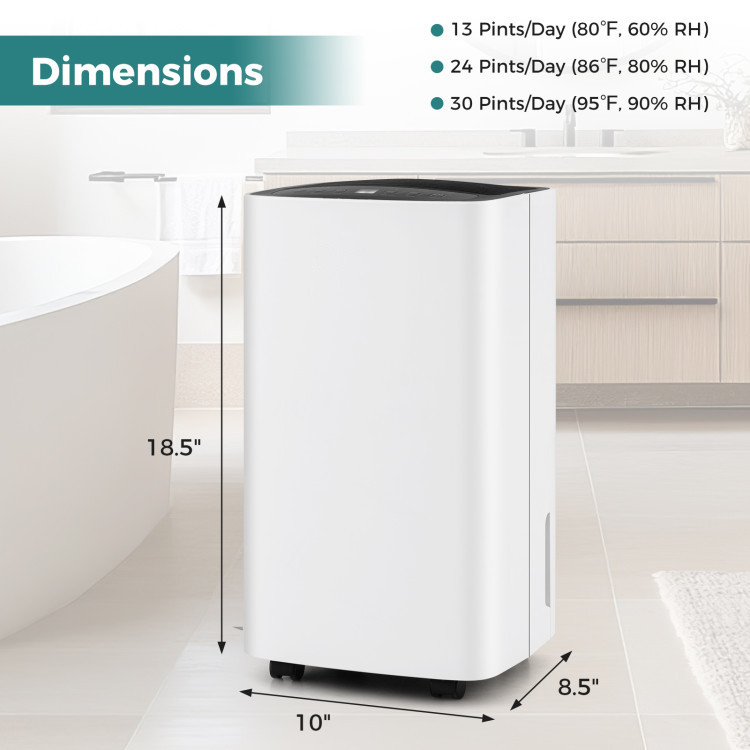 30-Pint Portable Dehumidifier for 1500 Sq. Ft – Quiet Operation, Auto & Continuous Drain, 3 Modes, Timer & Child Lock for Home or Office Efficient moisture control for healthier air in medium to large rooms—smart, quiet, and easy to use. Removes up to 30 pints of moisture/day (86°F, 80% RH) for spaces up to 1500 sq.ft 3 operating modes (Auto, Dry, Sleep) and 2 fan speeds to meet different needs Digital humidity control (30%–80%) with real-time display and touch panel Manual or continuous drainage with 0.5-gal tank and 3.3-ft drain hose included 24-hour timer, child lock, washable filter, and low noise (36dB) for added comfort