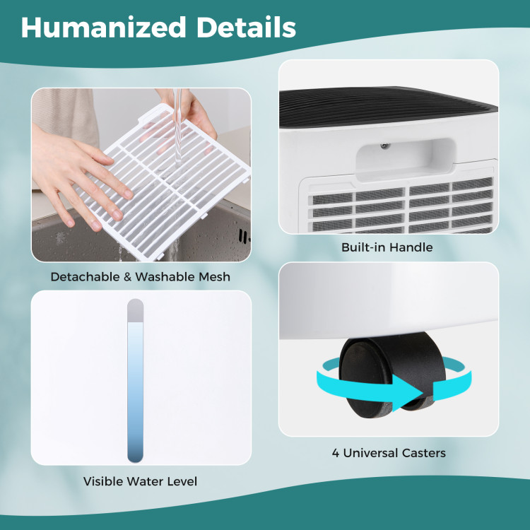 30-Pint Portable Dehumidifier for 1500 Sq. Ft – Quiet Operation, Auto & Continuous Drain, 3 Modes, Timer & Child Lock for Home or Office Efficient moisture control for healthier air in medium to large rooms—smart, quiet, and easy to use. Removes up to 30 pints of moisture/day (86°F, 80% RH) for spaces up to 1500 sq.ft 3 operating modes (Auto, Dry, Sleep) and 2 fan speeds to meet different needs Digital humidity control (30%–80%) with real-time display and touch panel Manual or continuous drainage with 0.5-gal tank and 3.3-ft drain hose included 24-hour timer, child lock, washable filter, and low noise (36dB) for added comfort