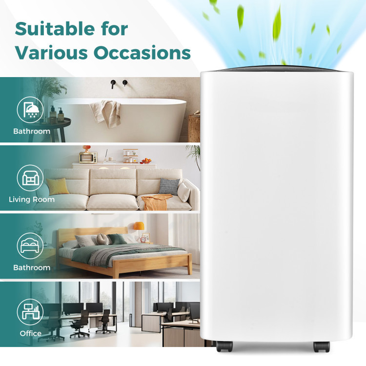 30-Pint Portable Dehumidifier for 1500 Sq. Ft – Quiet Operation, Auto & Continuous Drain, 3 Modes, Timer & Child Lock for Home or Office Efficient moisture control for healthier air in medium to large rooms—smart, quiet, and easy to use. Removes up to 30 pints of moisture/day (86°F, 80% RH) for spaces up to 1500 sq.ft 3 operating modes (Auto, Dry, Sleep) and 2 fan speeds to meet different needs Digital humidity control (30%–80%) with real-time display and touch panel Manual or continuous drainage with 0.5-gal tank and 3.3-ft drain hose included 24-hour timer, child lock, washable filter, and low noise (36dB) for added comfort