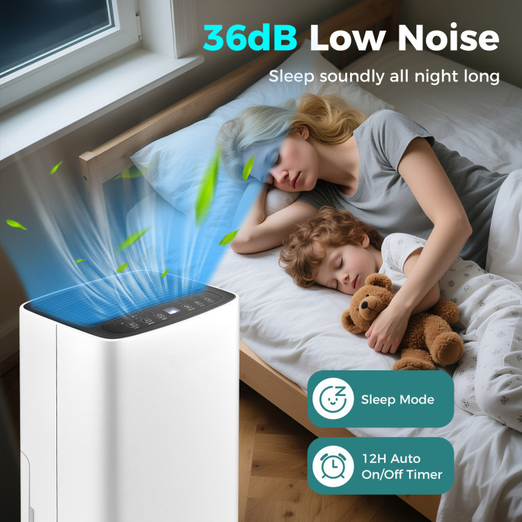 30-Pint Portable Dehumidifier for 1500 Sq. Ft – Quiet Operation, Auto & Continuous Drain, 3 Modes, Timer & Child Lock for Home or Office Efficient moisture control for healthier air in medium to large rooms—smart, quiet, and easy to use. Removes up to 30 pints of moisture/day (86°F, 80% RH) for spaces up to 1500 sq.ft 3 operating modes (Auto, Dry, Sleep) and 2 fan speeds to meet different needs Digital humidity control (30%–80%) with real-time display and touch panel Manual or continuous drainage with 0.5-gal tank and 3.3-ft drain hose included 24-hour timer, child lock, washable filter, and low noise (36dB) for added comfort