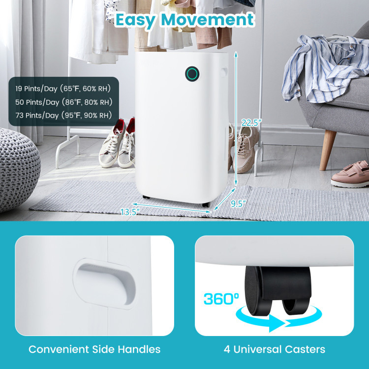 4500 Sq. Ft Dehumidifier – 73 Pint Capacity, 5 Modes, 3-Color Humidity Display, Quiet Operation & Dual Drainage for Home or Basement Powerful, smart, and whisper-quiet—this large-space dehumidifier is designed to handle humidity with ease while offering user-friendly control and safety features. Removes up to 73 pints of moisture/day (95°F, 90% RH) – ideal for spaces up to 4500 sq.ft 5 working modes: Auto, General, Strong, Clothes Drying & Fan 2 fan speeds and adjustable humidity range from 30% to 80% 3-color LED humidity indicator: blue (<50%), green (50–70%), red (>70%) 2 drainage methods: 1.7-gal tank (manual) or continuous hose drainage Child lock, auto defrost, filter reminder, and 24h timer included