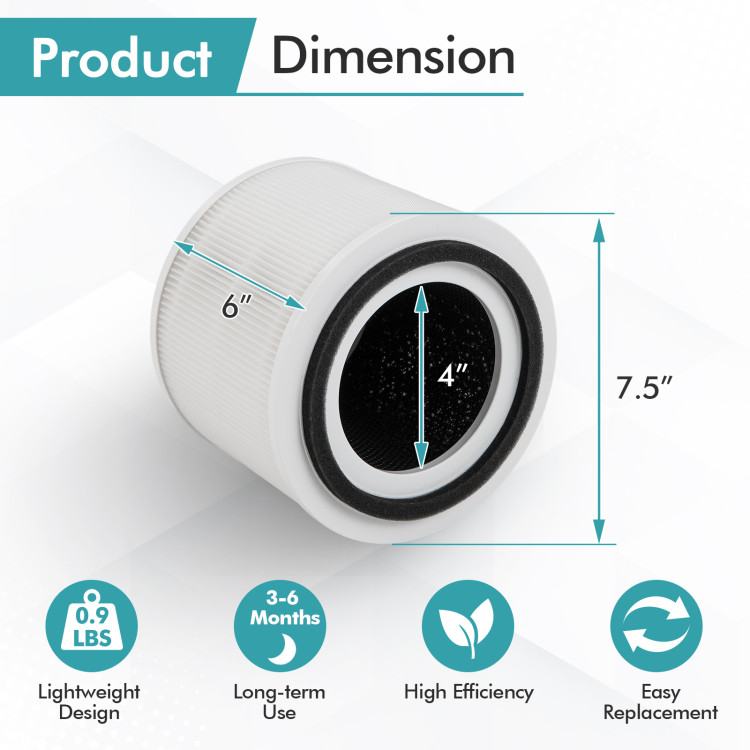 3-in-1 H13 True HEPA Air Purifier Replacement Filter – Activated Carbon, Pre-Filter, 360° Air Intake, Fits Costway Models Keep your air purifier running at peak performance with this high-efficiency 3-in-1 replacement filter. True H13 HEPA filtration captures 99.99% of particles ≥0.1 microns 3-stage system: Pre-filter, HEPA, and activated carbon for smoke, odors, and dust 360° air intake purifies up to 1300 sq. ft. per hour Easy to install with twist-and-replace design and reset button Compatible with Costway air purifiers – 7.5" x 7.5" x 6" (L x W x H)
