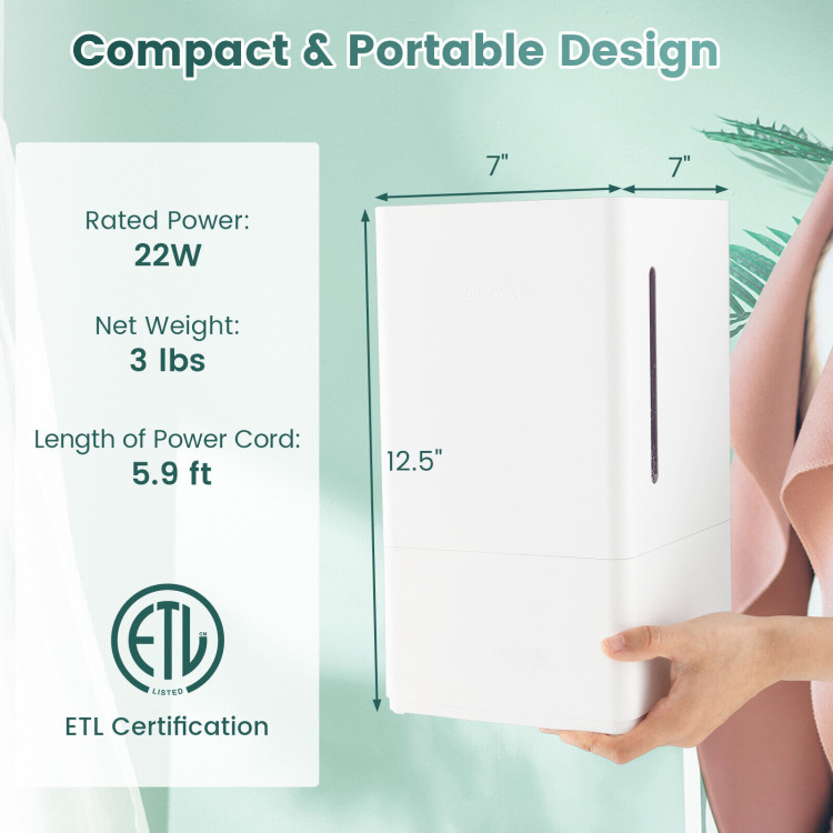 4L Ultrasonic Cool Mist Humidifier with Essential Oil Diffuser – Top Fill, 2 Mist Levels, 12H Timer & Sleep Mode for Bedroom & Home Breathe better and relax deeper with this quiet, efficient ultrasonic humidifier—designed for comfort, aromatherapy, and easy use in any room. 4L large-capacity tank provides up to 24 hours of continuous cool mist 2 adjustable mist levels (160ml/h low, 210ml/h high) with auto humidity control (40–70%) Built-in essential oil diffuser and 360° rotatable mist nozzle for whole-room coverage Ultra-quiet operation (38dB) with sleep mode, dimmable LED display, and 12-hour timer Top-fill design, BPA-free materials, and visible water level for safe, easy maintenance