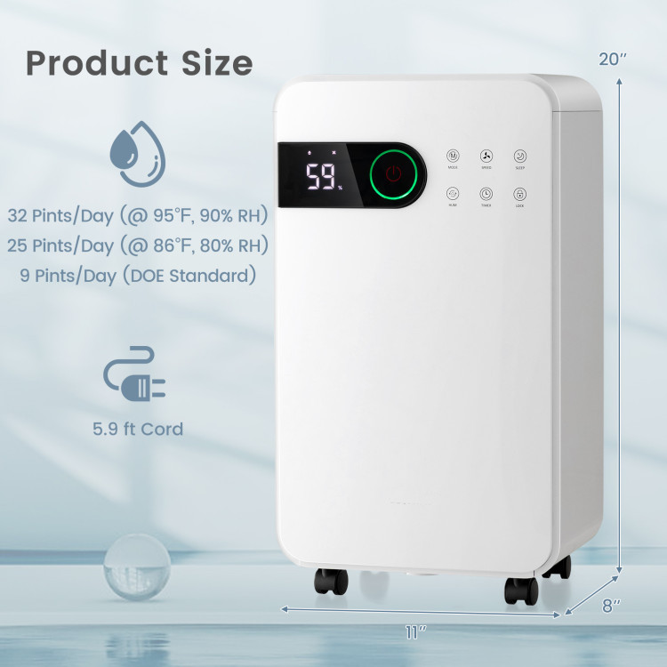 32-Pint Dehumidifier for 2000 Sq. Ft – Sleep Mode, 24H Timer, 3 Modes, Auto & Manual Drainage, Ultra Quiet for Home & Basement Quiet, compact, and efficient—this 32-pint dehumidifier helps you control indoor humidity while sleeping better and breathing easier. Removes up to 32 pints/day (95°F, 90% RH), ideal for rooms up to 2000 sq.ft 3 Modes (Auto / Continuous Dry / Sleep) and 2 fan speeds for custom comfort 3-color humidity indicator light: Blue (<45%), Green (45–65%), Red (>65%) Sleep mode with lights off and ≤33dB operation for peaceful nights Dual drainage system: 0.6 gal tank with auto shut-off or continuous hose drain 24-hour timer, washable filter, child lock, and auto defrost included