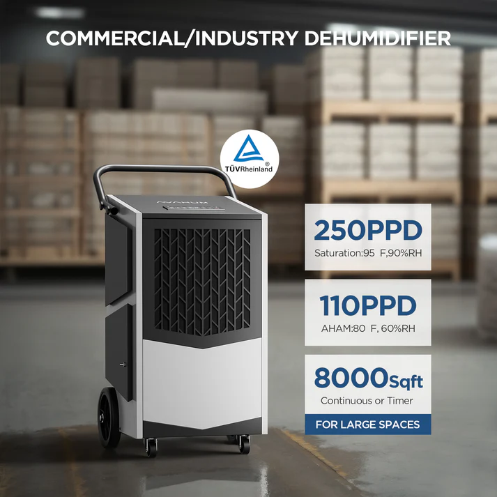 AVAHUM 250 Pint Commercial Dehumidifier with Pump with Drain Hose for Basements,8000sqft Commercial Grade Dehumidifiers for Industrial,24H Timer,Continuous Dehumidification The AVAHUM 250-Pint Commercial Dehumidifier with Pump is designed for powerful humidity control in large residential, commercial, and industrial environments. Covering areas up to 8,000 sq. ft., it removes up to 250 pints of moisture per day under saturated conditions and 110 pints per day at AHAM conditions, making it ideal for basements, warehouses, factories, garages, laboratories, and restoration projects. Equipped with a built-in condensate pump, 24-hour timer, continuous drainage capability, and auto defrost system, this industrial-grade unit delivers reliable performance for demanding moisture-control applications. • Removes up to 250 pints/day (95°F, 90% RH)• Removes 110 pints/day at AHAM conditions (80°F, 60% RH)• Designed for spaces up to 8,000 sq. ft.• High airflow performance of 417 CFM• Built-in condensate pump with 16 ft vertical lift• Supports continuous drainage operation• Adjustable humidity control with 1–24 hour timer• Auto defrost system for low-temperature environments• Durable industrial metal housing• Auto restart function after power interruption