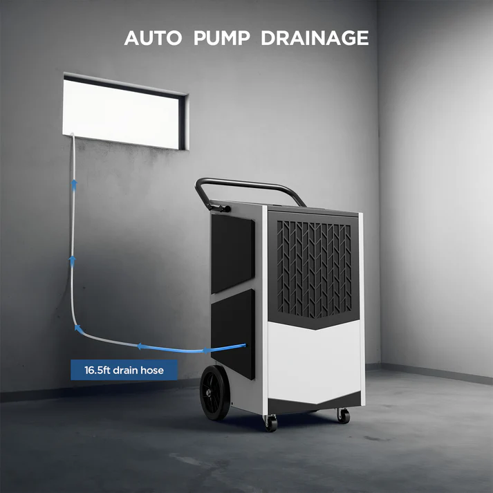 AVAHUM 250 Pint Commercial Dehumidifier with Pump with Drain Hose for Basements,8000sqft Commercial Grade Dehumidifiers for Industrial,24H Timer,Continuous Dehumidification The AVAHUM 250-Pint Commercial Dehumidifier with Pump is designed for powerful humidity control in large residential, commercial, and industrial environments. Covering areas up to 8,000 sq. ft., it removes up to 250 pints of moisture per day under saturated conditions and 110 pints per day at AHAM conditions, making it ideal for basements, warehouses, factories, garages, laboratories, and restoration projects. Equipped with a built-in condensate pump, 24-hour timer, continuous drainage capability, and auto defrost system, this industrial-grade unit delivers reliable performance for demanding moisture-control applications. • Removes up to 250 pints/day (95°F, 90% RH)• Removes 110 pints/day at AHAM conditions (80°F, 60% RH)• Designed for spaces up to 8,000 sq. ft.• High airflow performance of 417 CFM• Built-in condensate pump with 16 ft vertical lift• Supports continuous drainage operation• Adjustable humidity control with 1–24 hour timer• Auto defrost system for low-temperature environments• Durable industrial metal housing• Auto restart function after power interruption