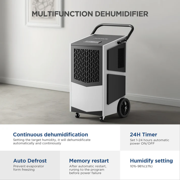 AVAHUM 250 Pint Commercial Dehumidifier with Pump with Drain Hose for Basements,8000sqft Commercial Grade Dehumidifiers for Industrial,24H Timer,Continuous Dehumidification The AVAHUM 250-Pint Commercial Dehumidifier with Pump is designed for powerful humidity control in large residential, commercial, and industrial environments. Covering areas up to 8,000 sq. ft., it removes up to 250 pints of moisture per day under saturated conditions and 110 pints per day at AHAM conditions, making it ideal for basements, warehouses, factories, garages, laboratories, and restoration projects. Equipped with a built-in condensate pump, 24-hour timer, continuous drainage capability, and auto defrost system, this industrial-grade unit delivers reliable performance for demanding moisture-control applications. • Removes up to 250 pints/day (95°F, 90% RH)• Removes 110 pints/day at AHAM conditions (80°F, 60% RH)• Designed for spaces up to 8,000 sq. ft.• High airflow performance of 417 CFM• Built-in condensate pump with 16 ft vertical lift• Supports continuous drainage operation• Adjustable humidity control with 1–24 hour timer• Auto defrost system for low-temperature environments• Durable industrial metal housing• Auto restart function after power interruption